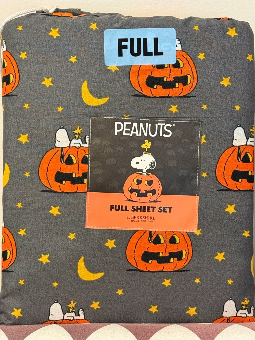 New Peanuts Snoopy Halloween pumpkins Sheet Set gray orange - Full